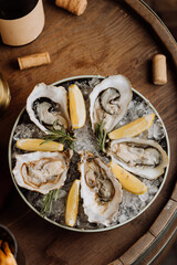 Fresh oysters on ice served with lemon wedges and rosemary, perfect for gourmet seafood lovers