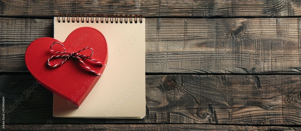 Poster Heart shaped red gift box on a wooden table with a blank notebook creating a cozy setting for your copy space image