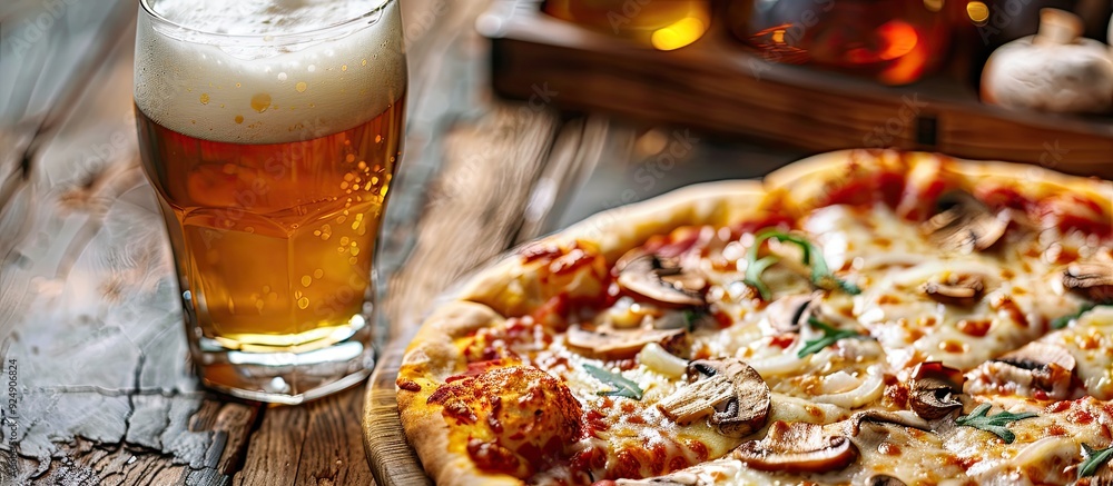 Poster Scrumptious pizza topped with a mix of cheese and mushrooms served with beer on a table with copy space image