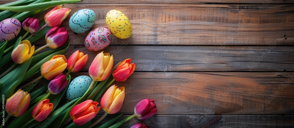 Fototapete top view of easter eggs and vibrant tulips on a wooden backdrop with an area for your message in the