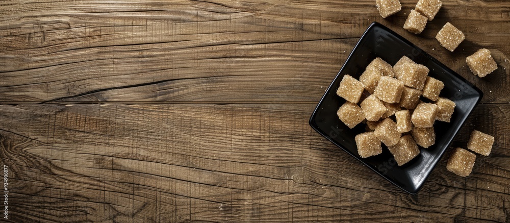 Poster wooden table with a black square plate holding brown and white sugar nubs creating an appealing copy