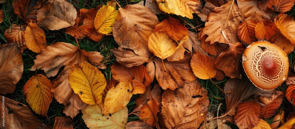 Aufkleber fall leaves encircle a mushroom on the ground creating a picturesque scene with copy space image