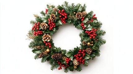 Christmas wreath decorated with pine cones, red berries, and golden ornaments on white background