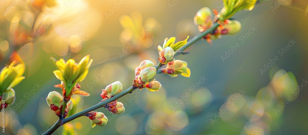 Fototapete Selective focus on tree buds opening in early spring with a background suitable for copy space image