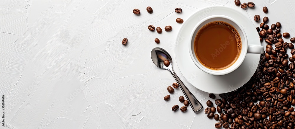 Poster a white background displays a cup of coffee surrounded by beans accompanied by a spoon providing cop