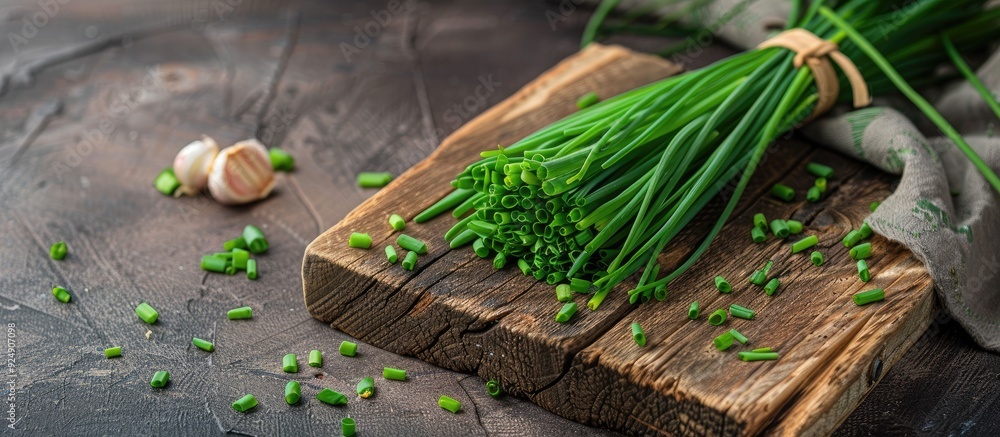 Poster fresh spring chives on a wooden board with ample copy space image