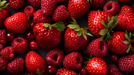 A delightful assortment of fresh strawberries and raspberries creates a vivid, colorful background