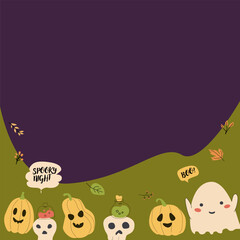 Cute childrens halloween background with funny characters. Pumkins and ghosts, skulls, fall leaves, speech bubbles.