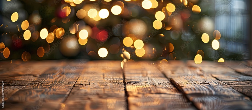 Leinwandbilder a wooden table with a blurred christmas tree background adorned with twinkling lights serves as a fe
