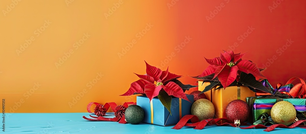 Aufkleber A festive scene with a poinsettia flower and New Year s gifts arranged on a colorful background creating a perfect copy space image