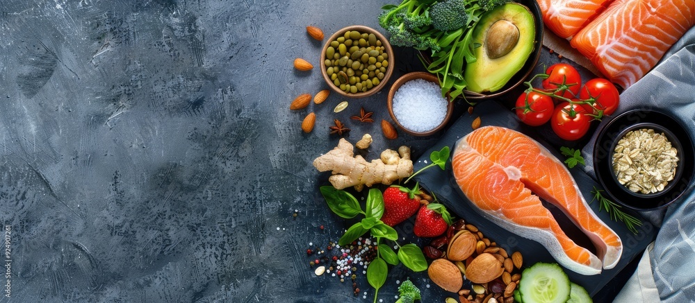 Poster Nutritious meal plan displayed on a dark gray backdrop Overhead view with space for text or image insertion. Creative banner. Copyspace image