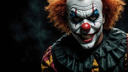 Halloween clown wallpaper, scary clown picture over a black background, empty space in the left side for text