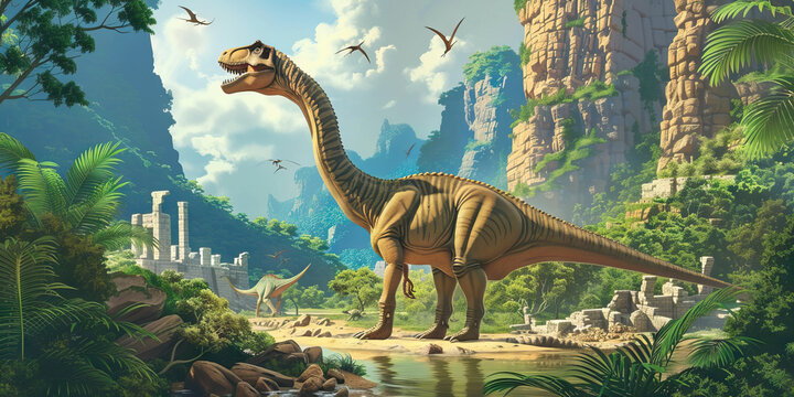 Dinosaur Domain: Roar into Adventure with Prehistoric Puzzles - Picture a set designed to resemble a prehistoric world, with giant dinosaur models