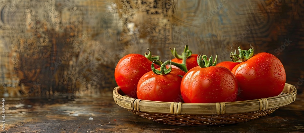 Poster ripe red tomatoes on a bamboo strainer with copy space image
