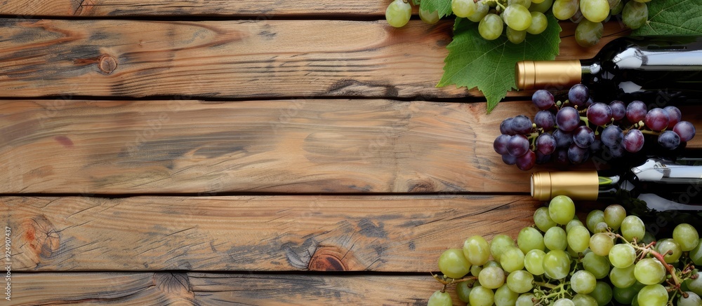Poster Top view of wine bottles and a bunch of grapes on a wooden surface featuring a copy space image