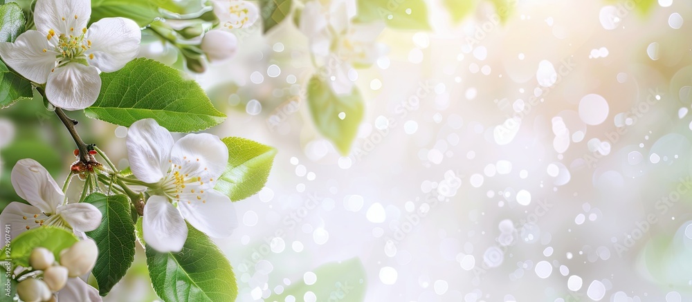 Poster abstract floral border with green leaves and white flowers on a spring blossom background with copy 