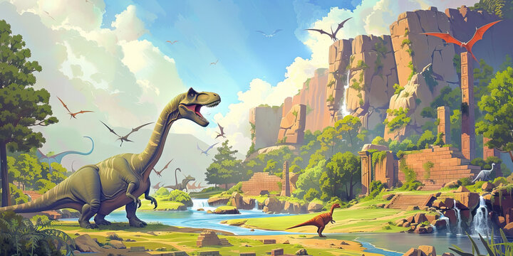 Dinosaur Domain: Roar into Adventure with Prehistoric Puzzles - Picture a set designed to resemble a prehistoric world, with giant dinosaur models