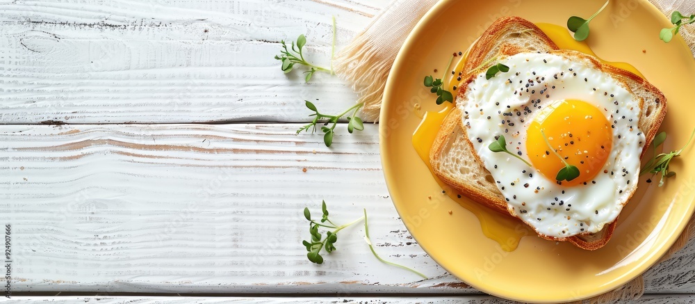 Aufkleber top view of a healthy breakfast scene a yellow plate holds toast topped with an egg and micro greene