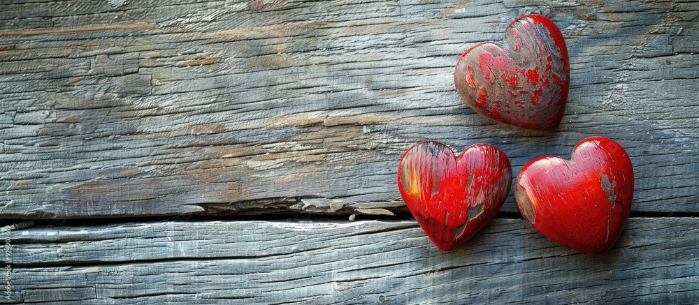 Poster a wooden background hosts two red hearts for valentine s day providing a copy space image
