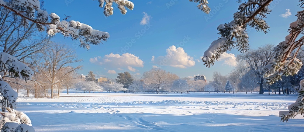 Aufkleber a picturesque winter landscape featuring snow covered fir branches with a clear blue sky creating a 