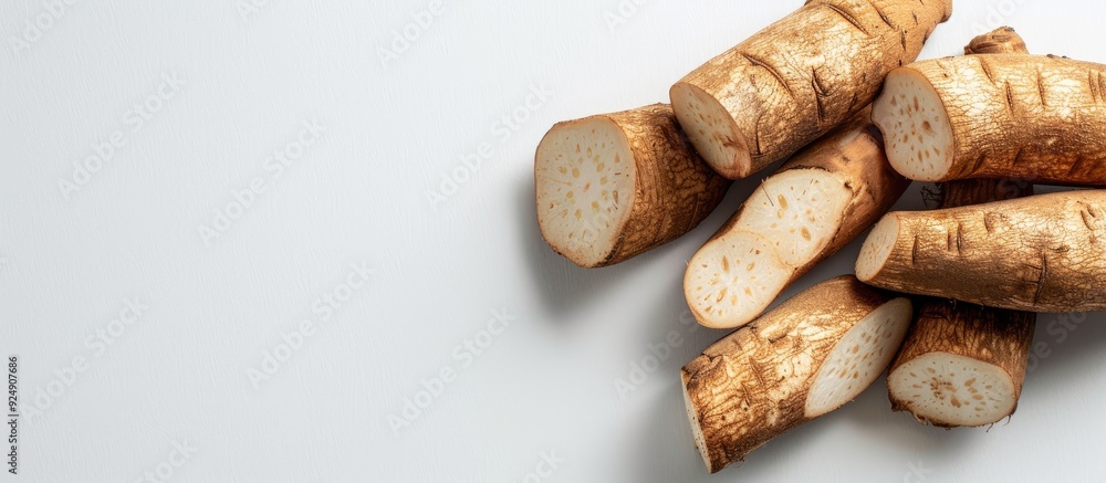 Poster White background with Chinese yam creating space for image. Creative banner. Copyspace image