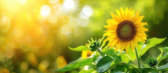 A sunflower with green leaves in a beautiful nature setting perfect for use in presentations as a copy space image