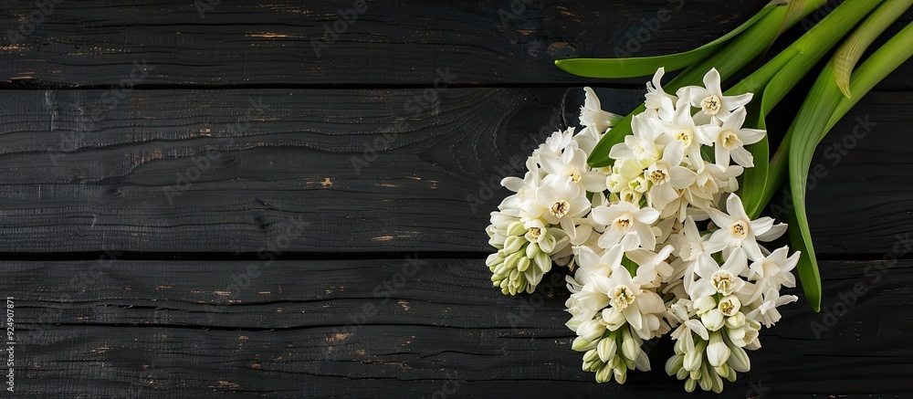 Poster hyacinth flowers in a white color against a black wooden table with space for text or images. creati