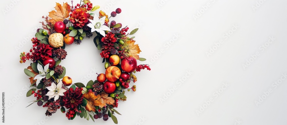 Poster a picturesque fall wreath displaying flowers berries and fruits against a white backdrop leaving roo