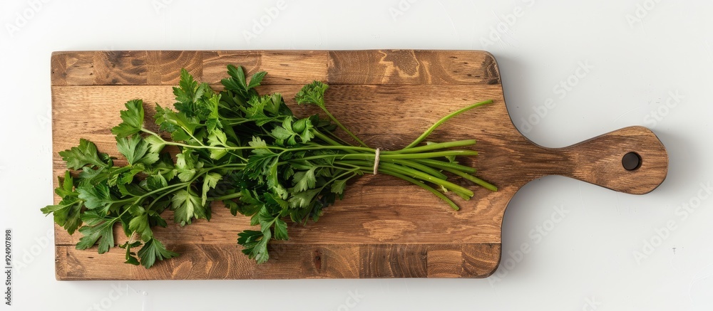 Poster rectangular cutting board adorned with parsley leaves on a white background featuring copy space ima
