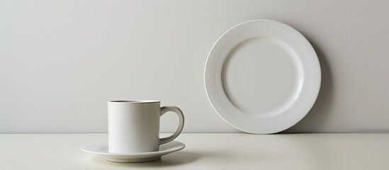 Obraz premium White ceramic plate designed for placing a mug with available copy space image