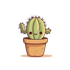 Cute cartoon cactus in a terracotta pot with a smiling face on a plain background