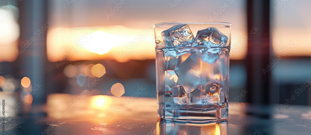 Poster Glass with ice cubes on a table with copy space image