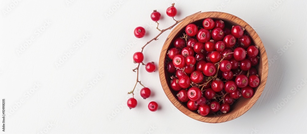 Poster top down view of ripe viburnum berries in a wooden bowl on a white background with suitable copy spa