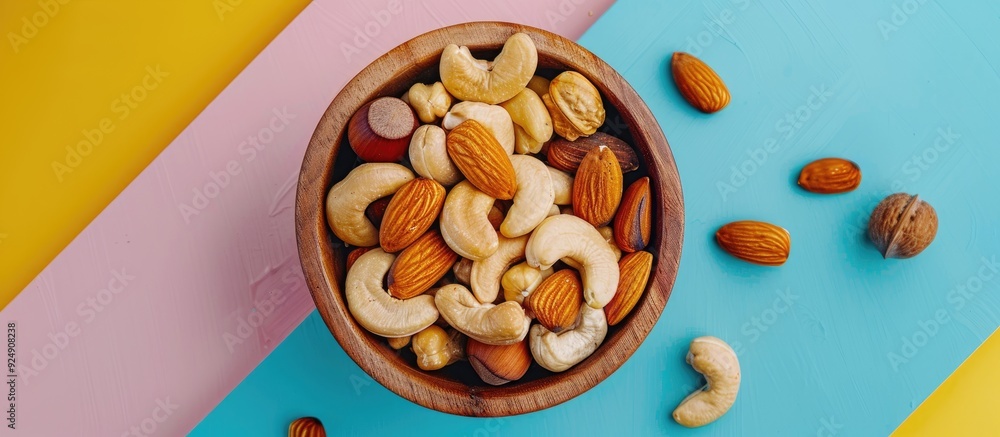Poster Top view showing a variety of nuts like cashews hazelnuts walnuts and almonds in a wooden bowl on a colorful table with room for text or graphics in the image. Creative banner. Copyspace image