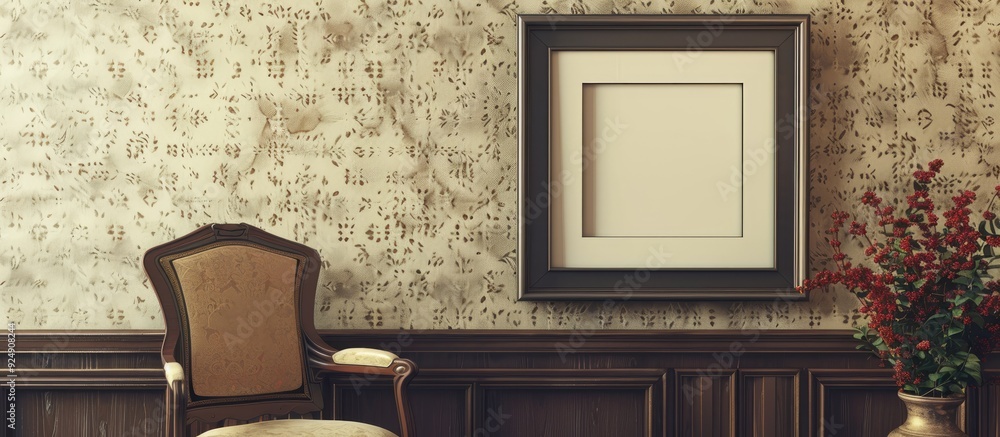 Leinwandbilder Empty frame on a retro wallpapered wall with a clear area for additional images or text serving as a chic home decor setting