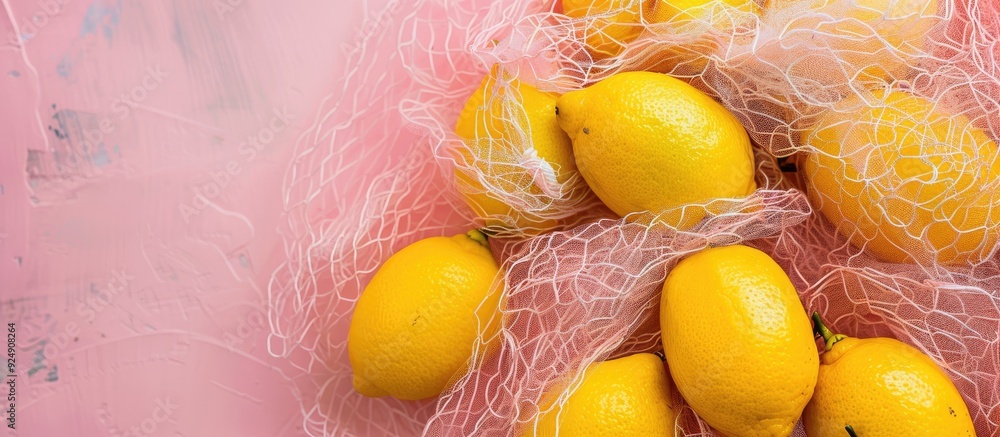 Poster A copy space image featuring lemons in a sustainable net on a pink backdrop symbolizing Earth Day zero waste and recycling