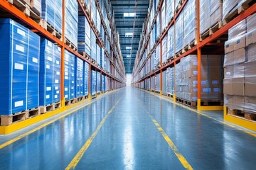 A spacious, highly organized warehouse with tall shelves stocked with goods, reflecting efficient management and logistics operations.