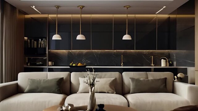 Minimalist Living Room with Beige Sofa, Wooden Coffee Table, and Black Cabinetry