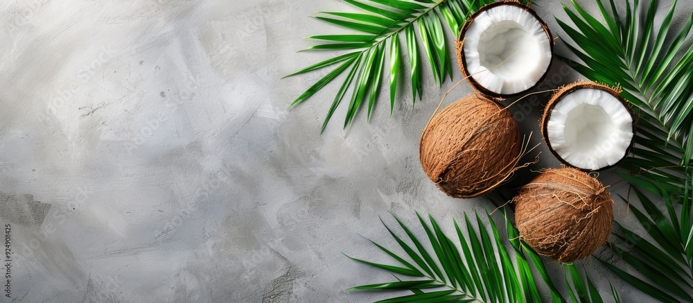 Poster fresh coconut with green palm leaves on gray concrete background with copy space image