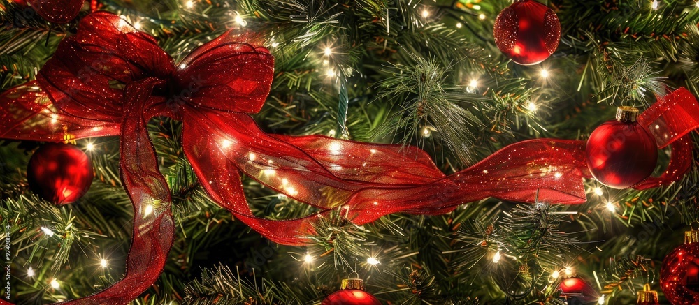 Fototapete A festive red ribbon decorates the Christmas tree creating a charming focal point against a backdrop of twinkling lights and ornaments perfect for a copy space image