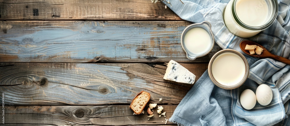 Poster white wooden table background with a blue canvas cloth featuring dairy products providing a scenic c