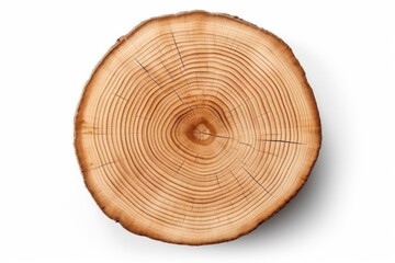Obraz premium Cross section of tree trunk showing growth rings isolated on white background.