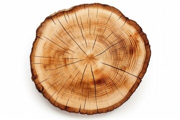 Cross section of tree trunk showing growth rings isolated on white background.