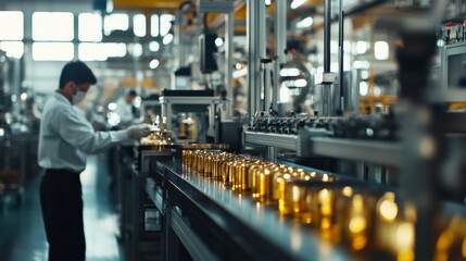 Naklejka premium A worker in a factory production line concentrating on quality control of glass bottles, emphasizing manufacturing precision and industrial process.