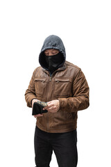 Robber, dangerous hooded criminal man in black mask and brown leather jacket holding stolen wallet with dollar bills, isolated on transparent background