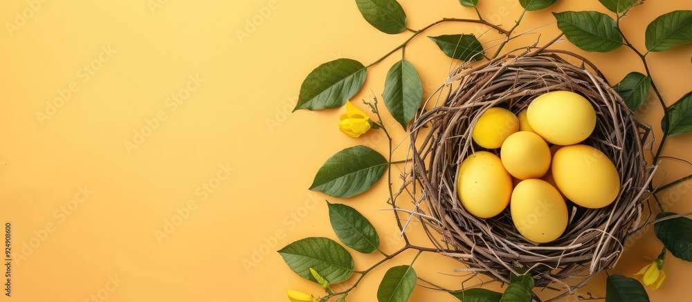 Leinwandbilder minimalistic composition featuring yellow easter eggs nestled in a nest accompanied by green leaves 