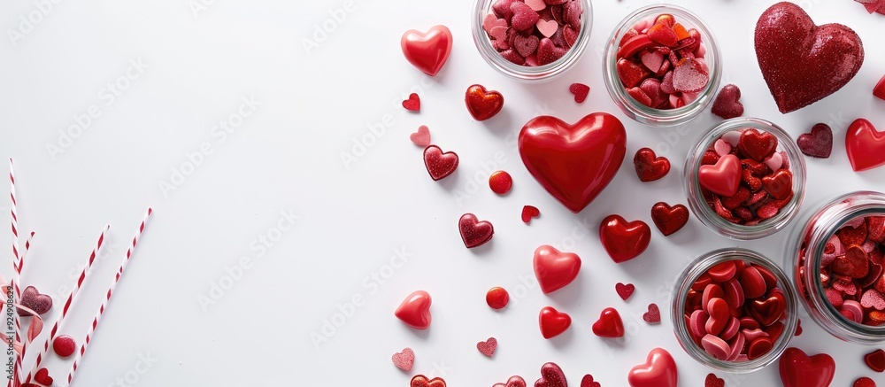Aufkleber valentine s day decorations including red handmade hearts and candy hearts in jars arranged on a whi
