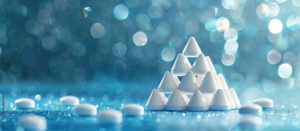 Wall mural foreground close up of white pills forming a pyramid on a blue backdrop with soft bokeh providing co