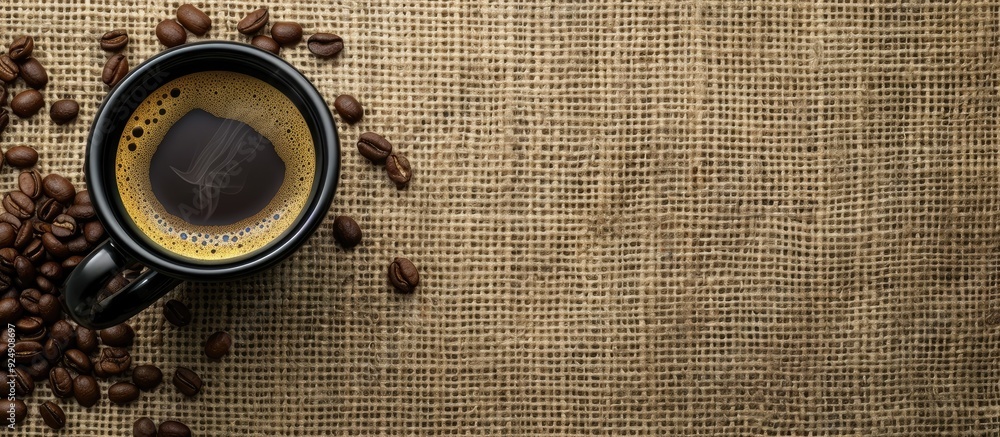 Leinwandbilder top down shot of a steaming cup of coffee surrounded by coffee beans on a burlap background with spa