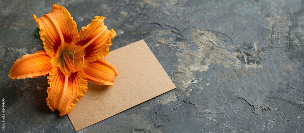 Poster mockup of a business card on brown paper featuring an orange day lily on a gray concrete surface wit